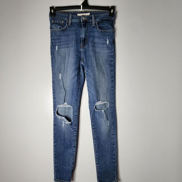 Levis Womens 721 High Rise Skinny Jeans 26 Blue Distressed Destroyed Stretch - Picture 1 of 7